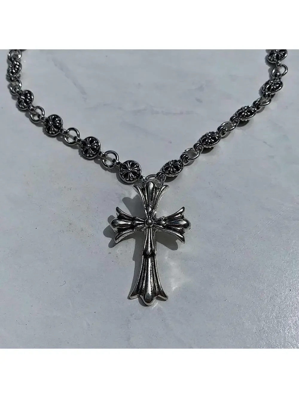Grunge Cyber y2k silver gothic cross long necklace chain. 24 inches length